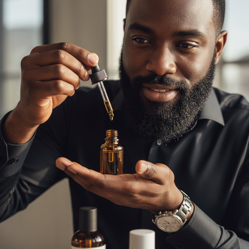 Homme appliquant huile à barbe