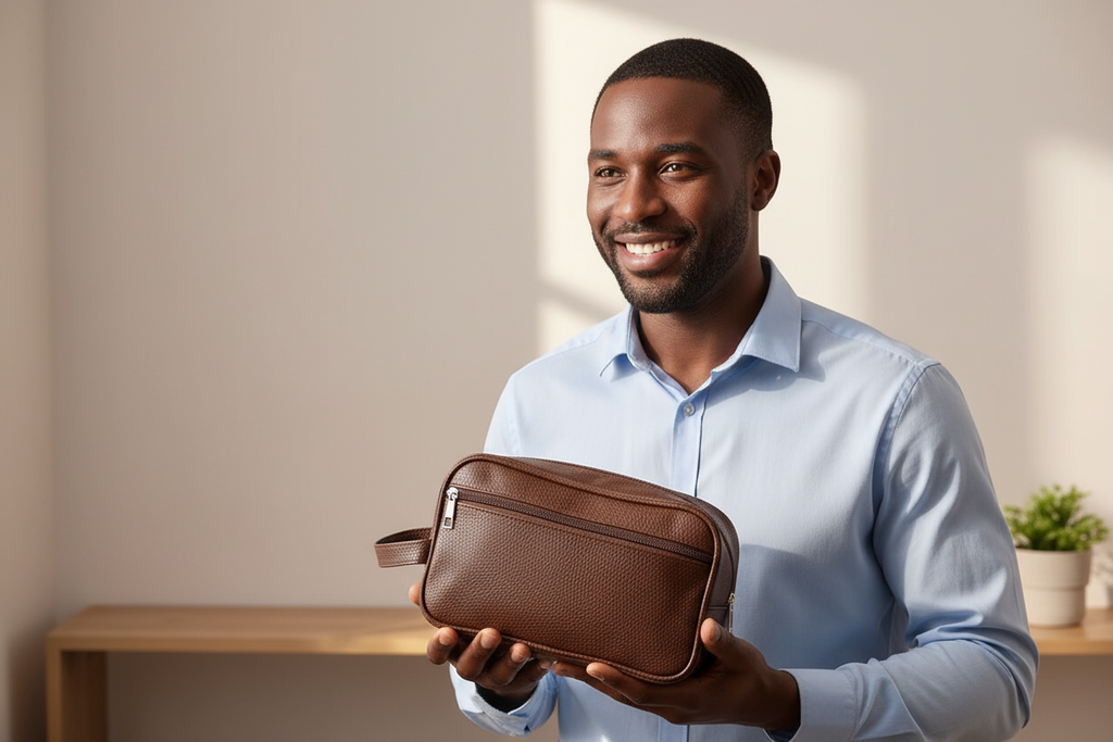 Homme souriant tenant un sac en cuir