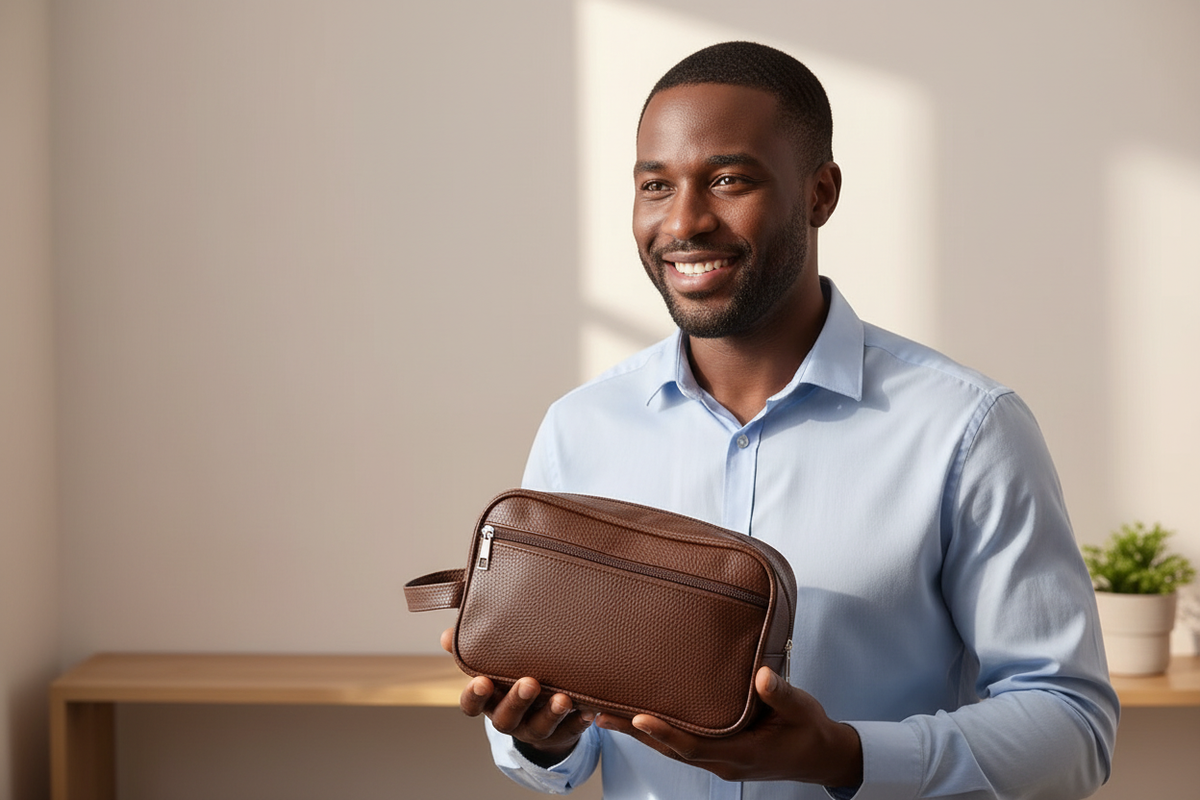 Homme souriant tenant un sac en cuir